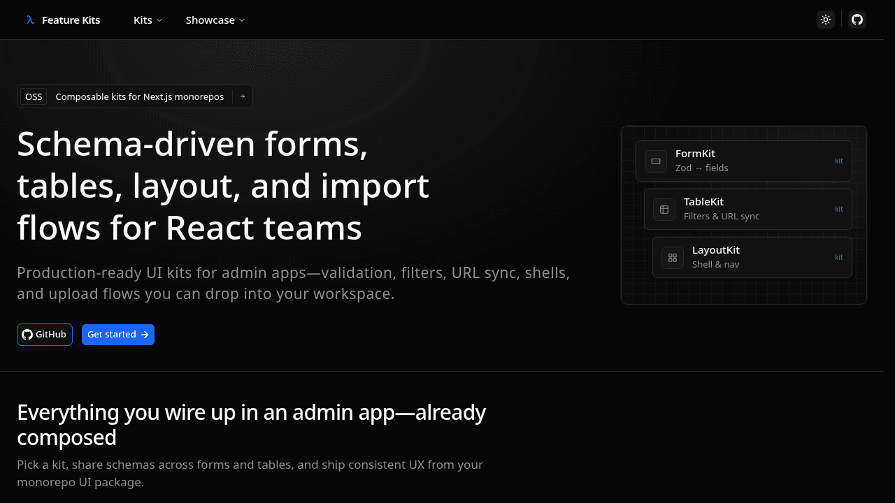 Feature Kits — Composable form, data-table, layout, and uploader kits for React and Next.js, distributed as a shadcn registry.