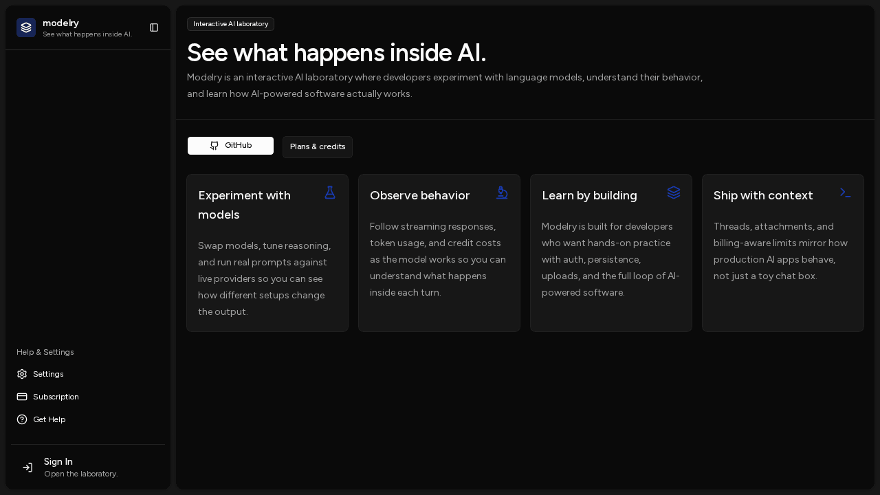 Modelry — Interactive AI lab with streaming chat, threads, attachments, and a credits ledger — Vercel AI SDK with Ollama or Google Gemini.